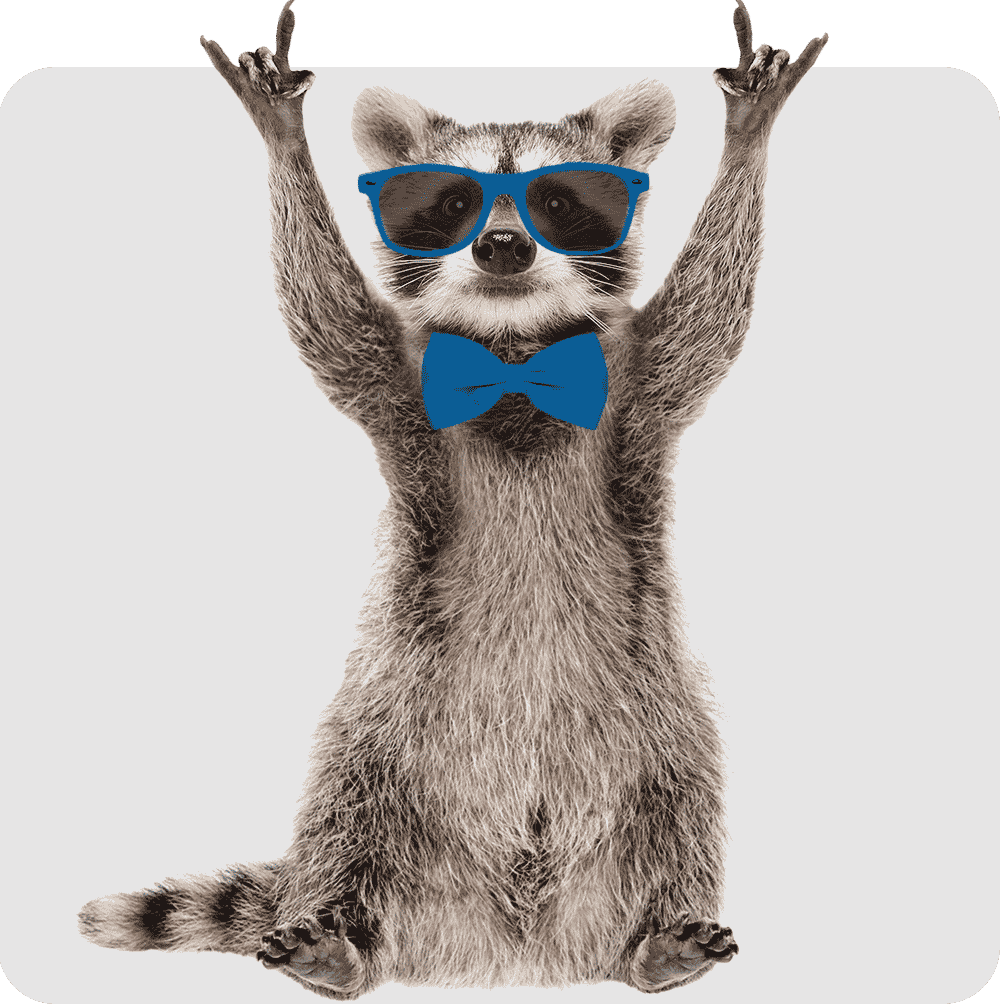 A racoon cheering while wearing glasses and a bowtie